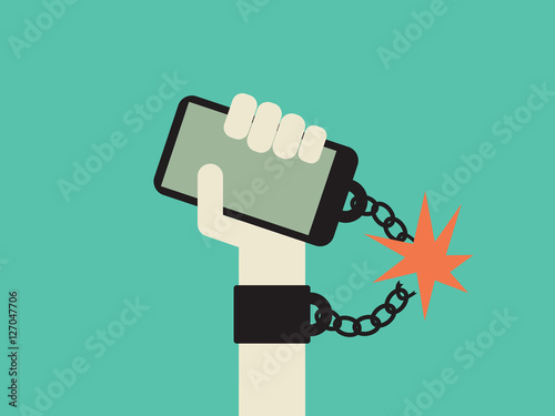 Break free from smartphone and technology addiction vector concept. Hand with mobile phone chained to it.