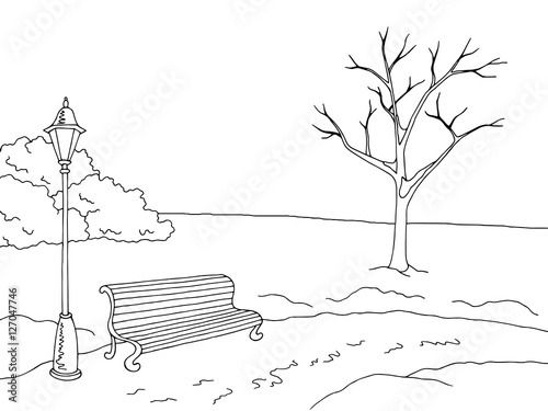 Winter park landscape graphic black white sketch illustration vector