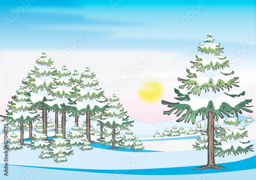 Vektor Illustration Winterlandschaft mit Bäumen und Hügeln verschneit winterlicher Hintergrund