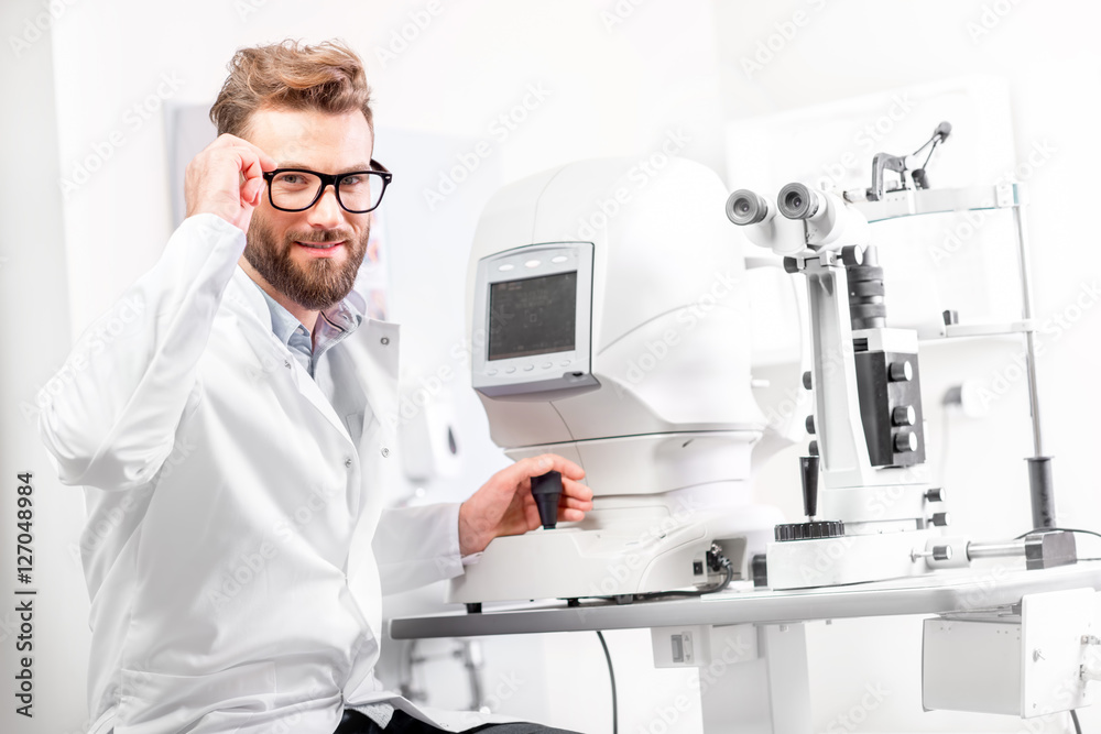 Portrait of handsome eye doctor sitting with ophthalmologic device in the cabinet Portrait of handsome eye doctor sitting with ophthalmologic device in the cabinet