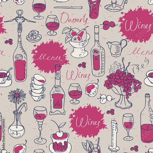 seamless texture background on the topic of wine with cutlery and kitchenware