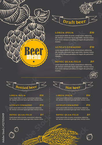Black menu template with branches of hops, wheat for the beer bar or pub.