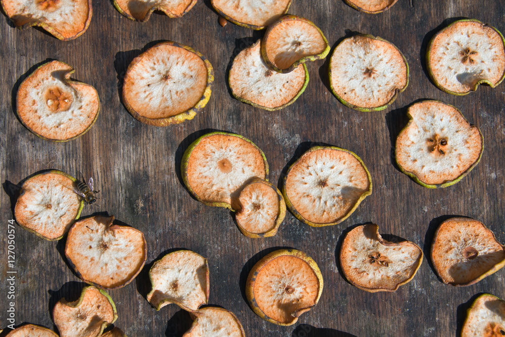 Fruit pear sliced for drying in the traditional way outdoors Fruit pear sliced for drying in the traditional way outdoors