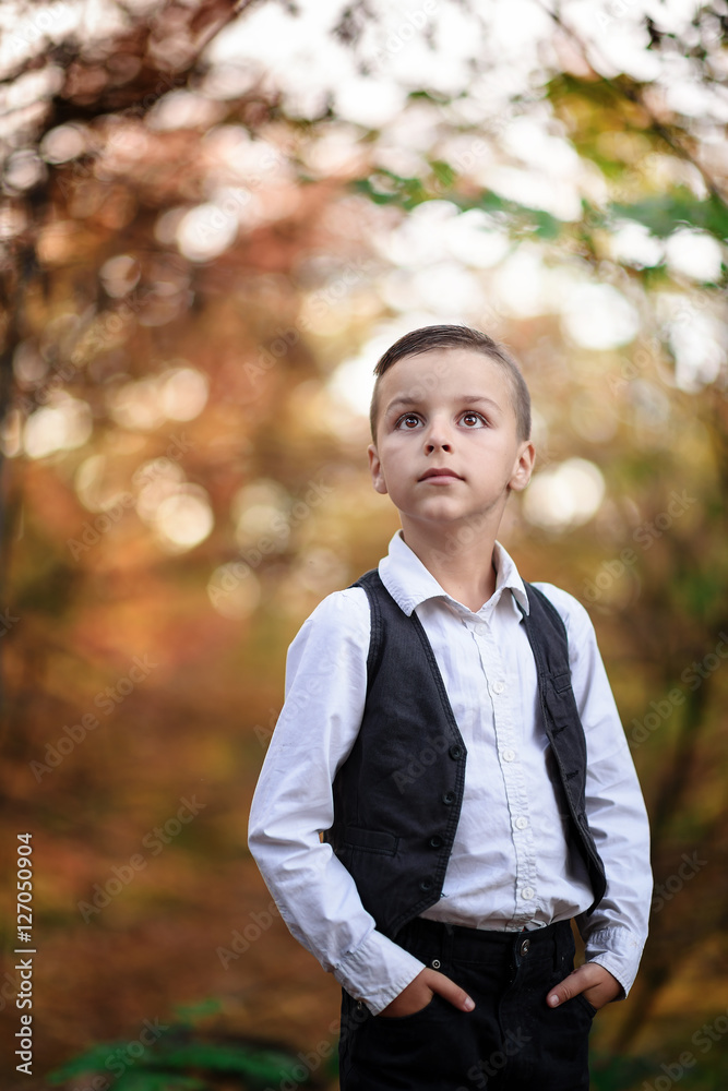 little boy standing on a road surrounded by trees in early fall little boy standing on a road surrounded by trees in early fall