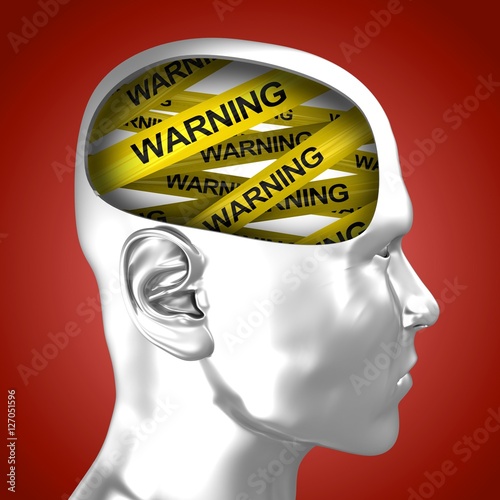 Fototapeta Naklejka Na Ścianę i Meble -  3d illustration of warning tape inside chrome head over red background