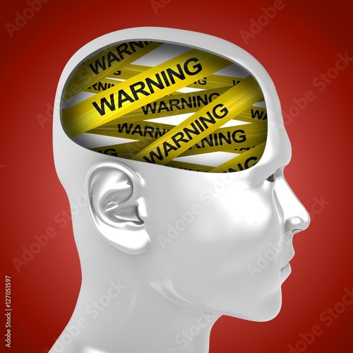 Fototapeta Naklejka Na Ścianę i Meble -  3d illustration of warning tape inside man head over red background