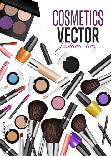 Modern cosmetics accessories concept. Different instruments for professional makeup vector illustrations set on white background. For beauty salon, shop ad, brochures, flyers, sale promotions design