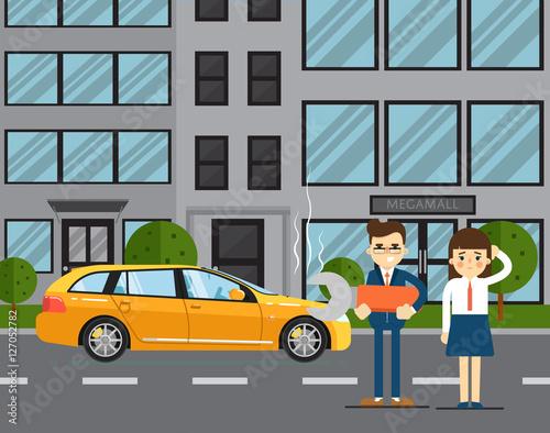 Car troubles concept with people couple standing near broken car on road vector illustration. Concept for automobile repair service. Roadside assistance. Car repair. Urban cityscape background.