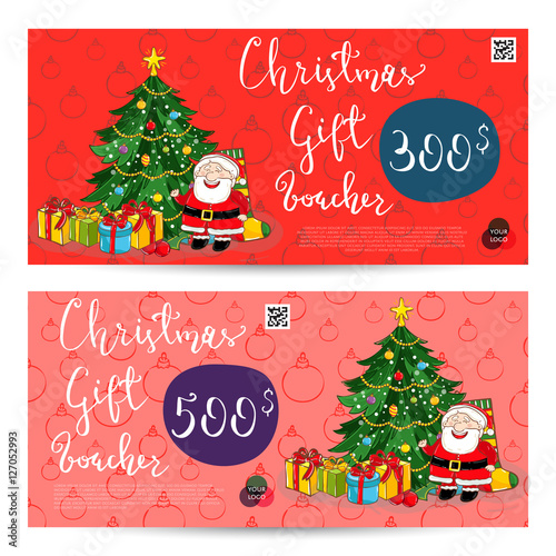 Christmas gift voucher template. Gift coupon with Xmas attributes and prepaid sum. Cute snowman, wrapped gifts, christmas tree toys cartoon vectors. Merry Christmas and Happy New Year greeting card