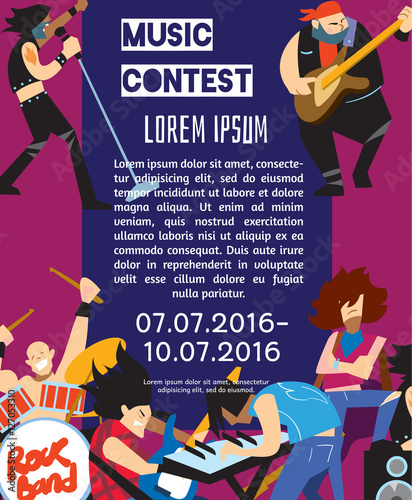 Rock fest banner with music group. Music party invitation. Concept of artistic people vector illustration. Singer, guitarist, drummer, keyboardist and bassist characters. Rock star. Festival poster