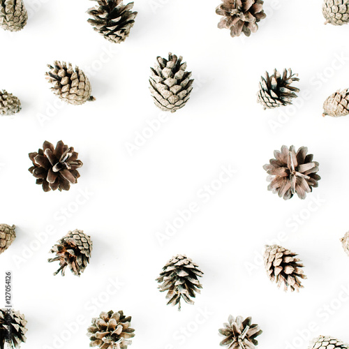 minimal creative cone frame arrangement pattern on white. flat lay, top view. christmas background wallpaper.