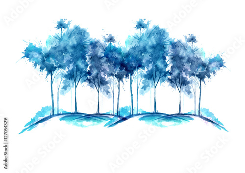 Watercolor illustration. Group of blue trees in winter  grove  garden. Landscape winter. Isolated on white background