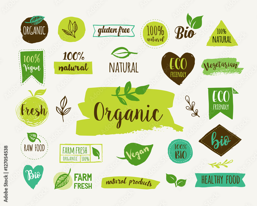 Bio, Ecology, Organic logos and icons, labels, tags. Hand drawn bio healthy food badges, set of raw, vegan, healthy food signs, organic and elements set - obrazy, fototapety, plakaty 