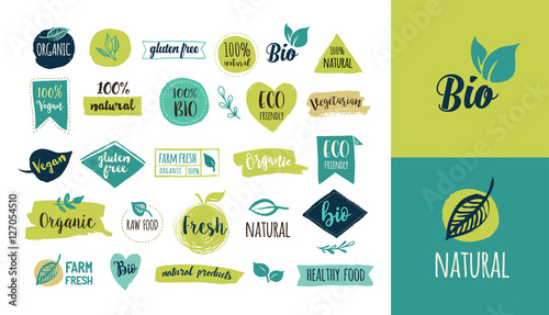 Bio, Ecology, Organic logos and icons, labels, tags. Hand drawn bio healthy food badges, set of raw, vegan, healthy food signs, organic and elements set