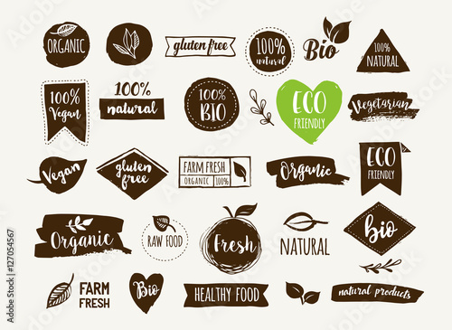 Bio, Ecology, Organic logos and icons, labels, tags. Hand drawn bio healthy food badges, set of raw, vegan, healthy food signs, organic and elements set