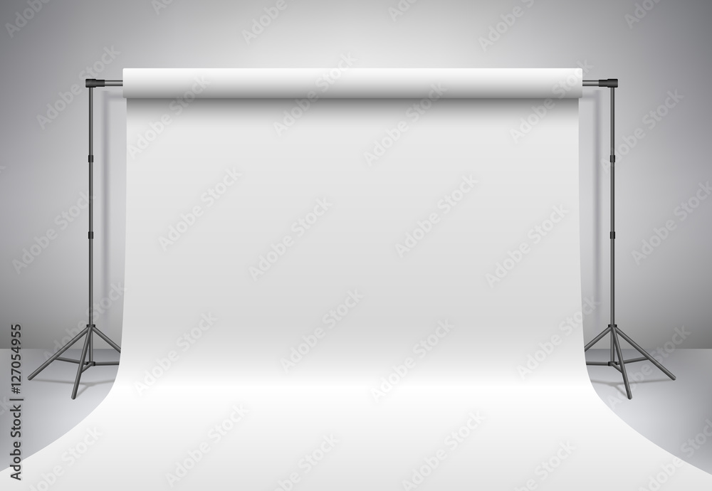 Empty photo studio. Realistic 3D template mock up. Backdrop stand (tripods) with white paper backdrop. Gray background. 