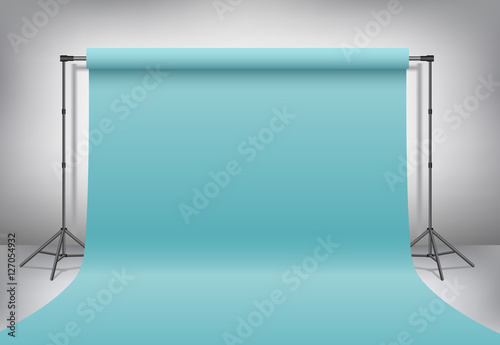 Empty photo studio. Realistic 3D template mock up. Backdrop stand (tripods) with pastel turquoise, blue paper backdrop. Gray background. 