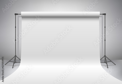 Empty photo studio. Realistic 3D template mock up. Backdrop stand (tripods) with white paper backdrop. Gray background. 