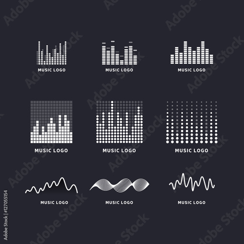 Set colorful ui ux music equalizer sound waves. Audio electronic bar. Music waves logo. Dj vector illustration. Black and white light audio signal.