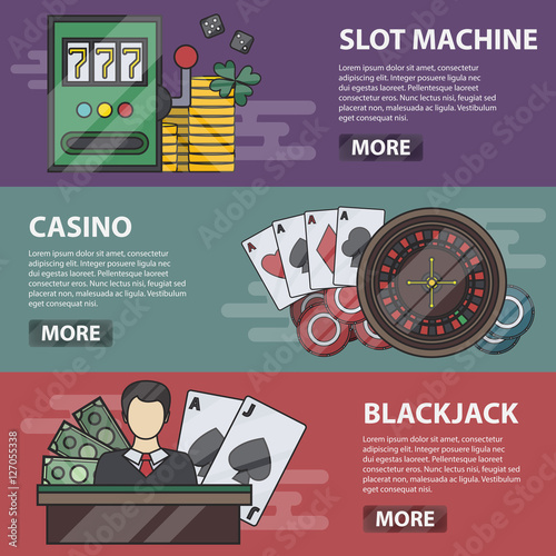 Vector thin line design horizontal banners of slot machine, casino and blackjack. Business concept of money game, poker, online gambling and passion. Set of casino elements.