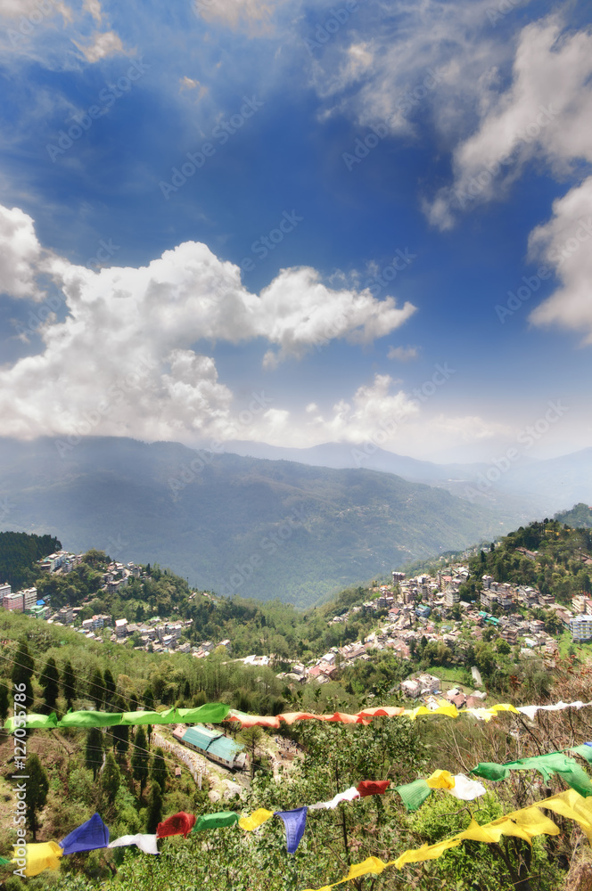 View from Tashi Viewpoint at Gangtok, India. The Tashi View Point of Sikkim is located at a distance of 4 kms from Gangtok, which is the capital city of Sikkim