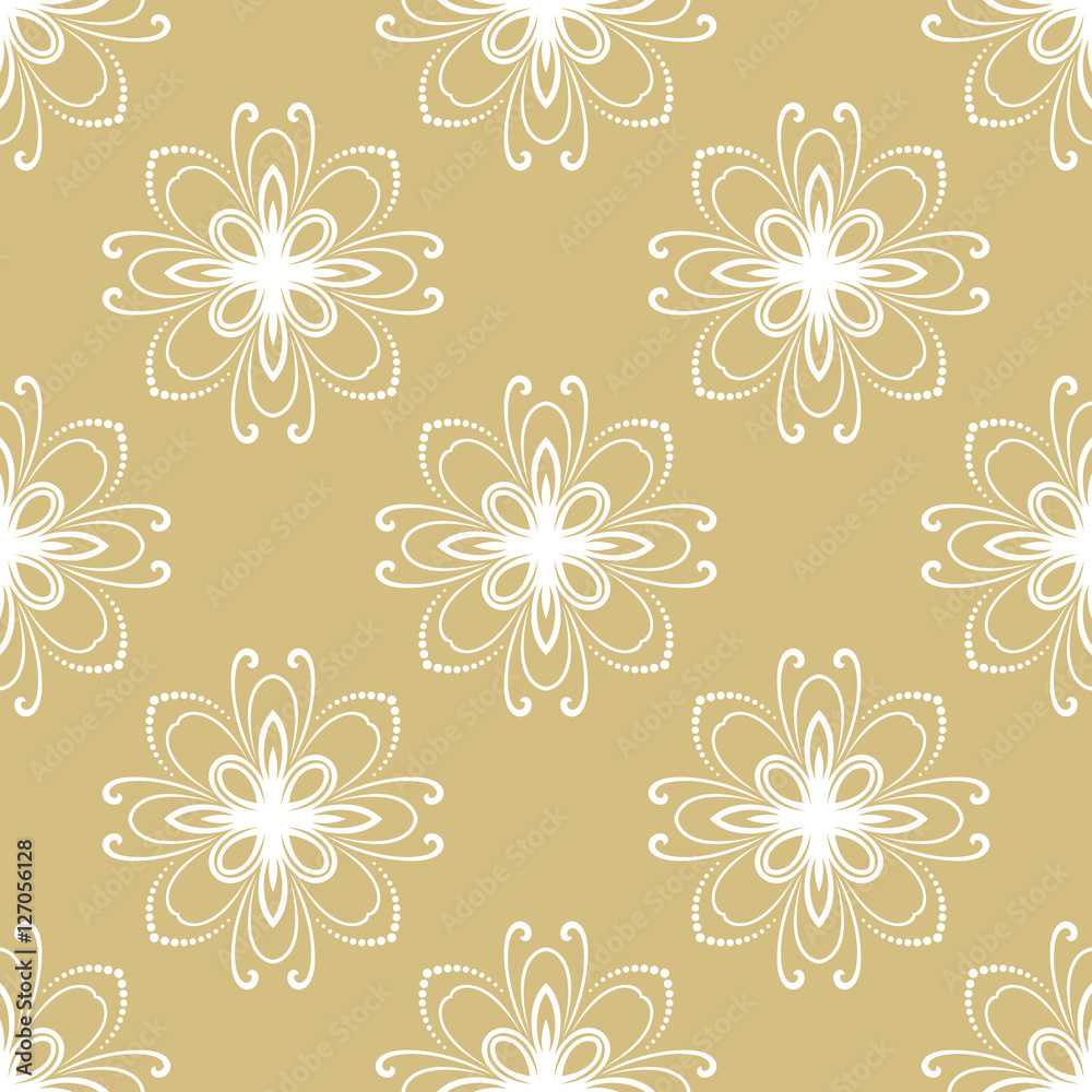 Floral vector glden and white ornament. Seamless abstract classic pattern with flowers