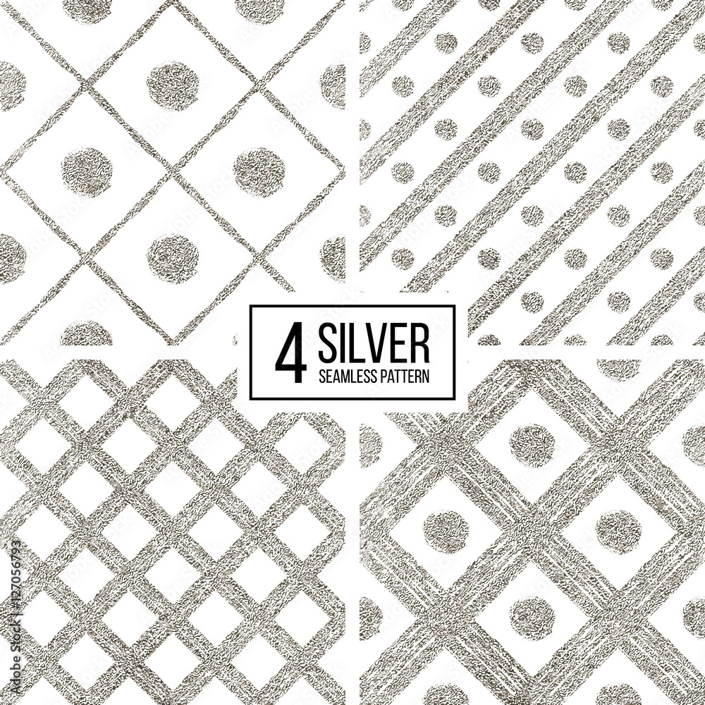 Fototapeta premium Set of silver seamless pattern of diagonal stripes and circle, seamless background of silvern glitter cage and lines, hand drawn vector pattern for invitation, card, wedding, paper, web