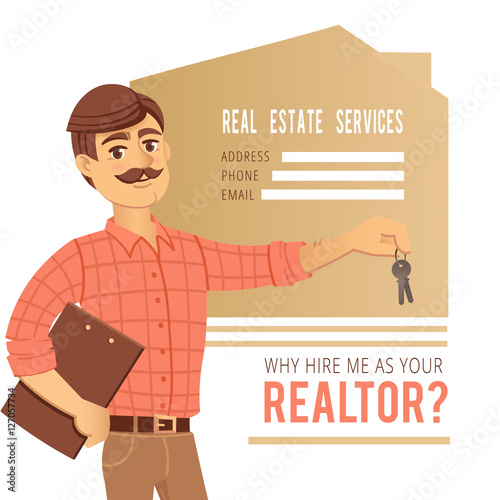 The concept of real estate services. Agent showing a house. Character man realtor with folder and keys in his hands. For the design business cards, banners advertising.