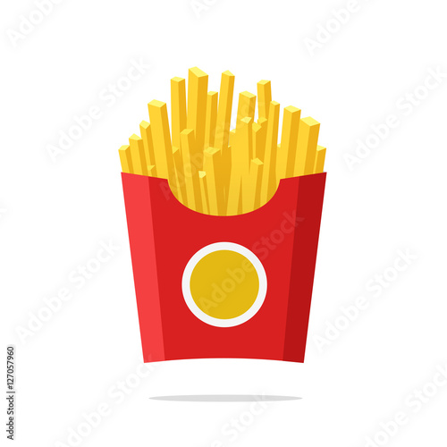 French fries vector illustration, flat cartoon style french-fried potatoes in paper box isolated, fried potato on white background