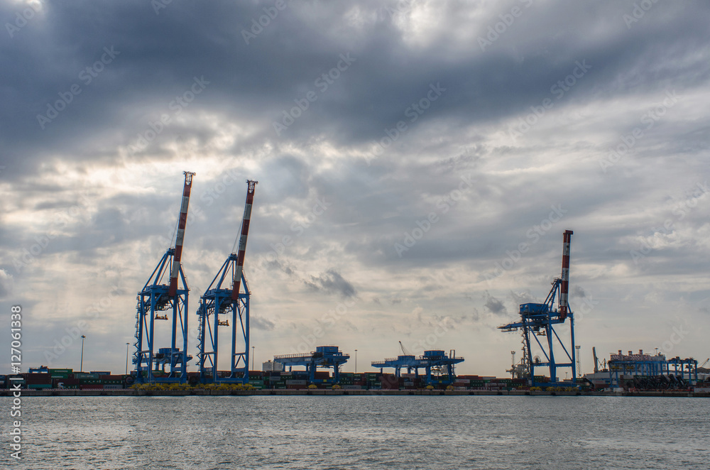 large container handling gantry cranes in the harbor of Genoa under a cloudy sky