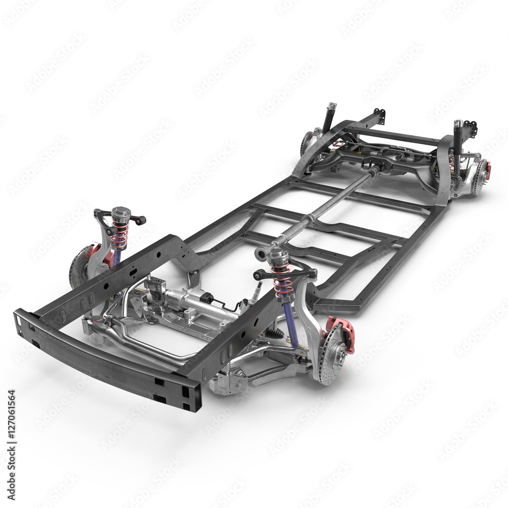 Car chassis without engine on white. 3D illustration Stock Illustration