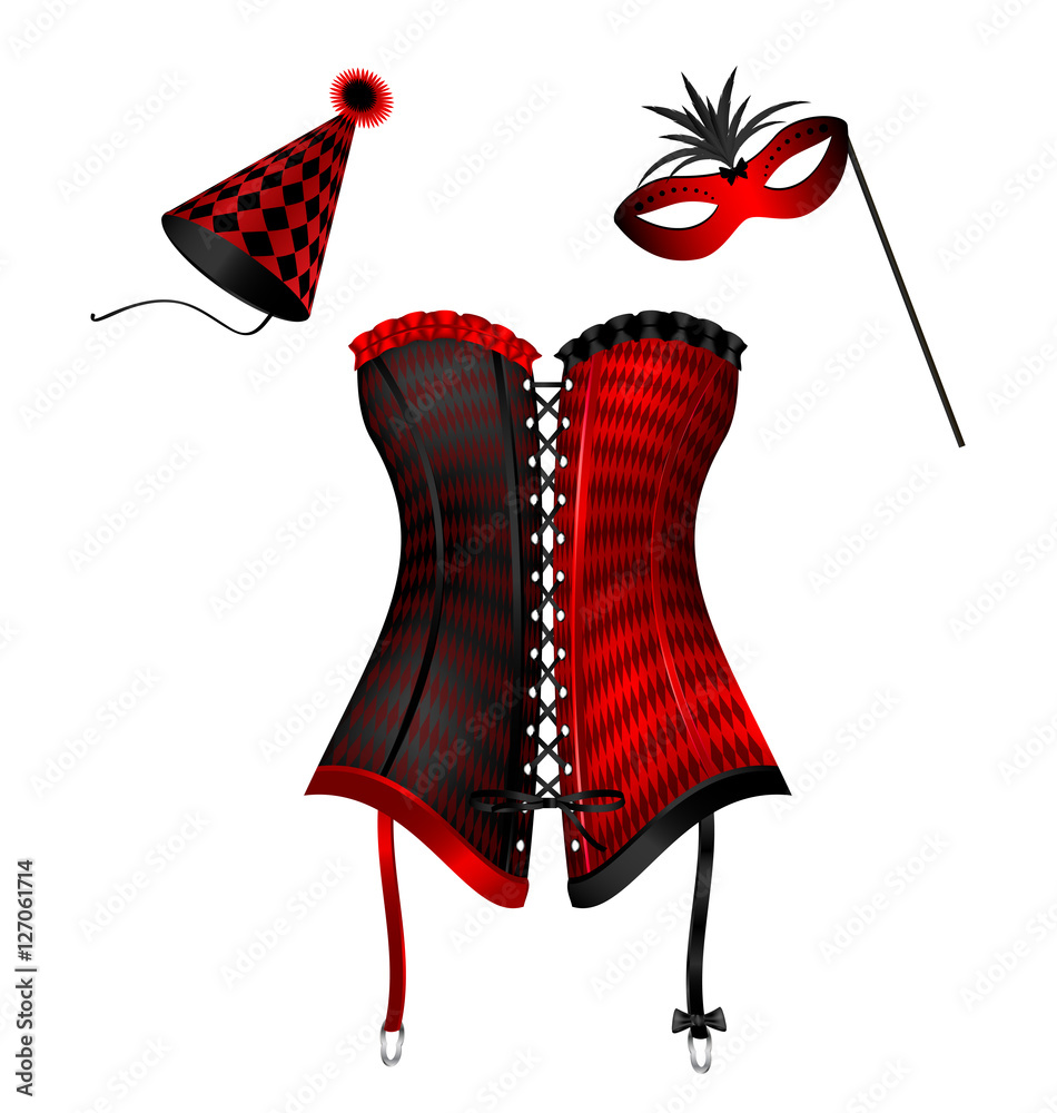 carnival corset with hat and mask Stock Vector
