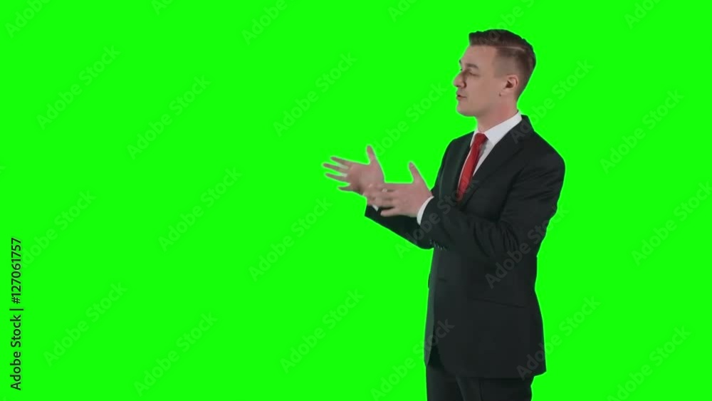 Man in business suit standing against green screen backdrop showing something and talking