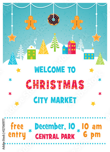 Christmas Holiday Market or Fair Poster with Snowy Winter Town Landscape, Trees and Gingerbread Cookies Garland