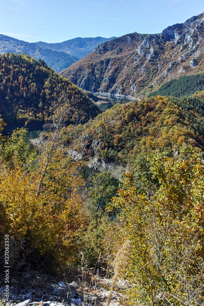 Panoramic view of Tsankov kamak Reservoir and Autumn forest, Smolyan Region, Bulgaria