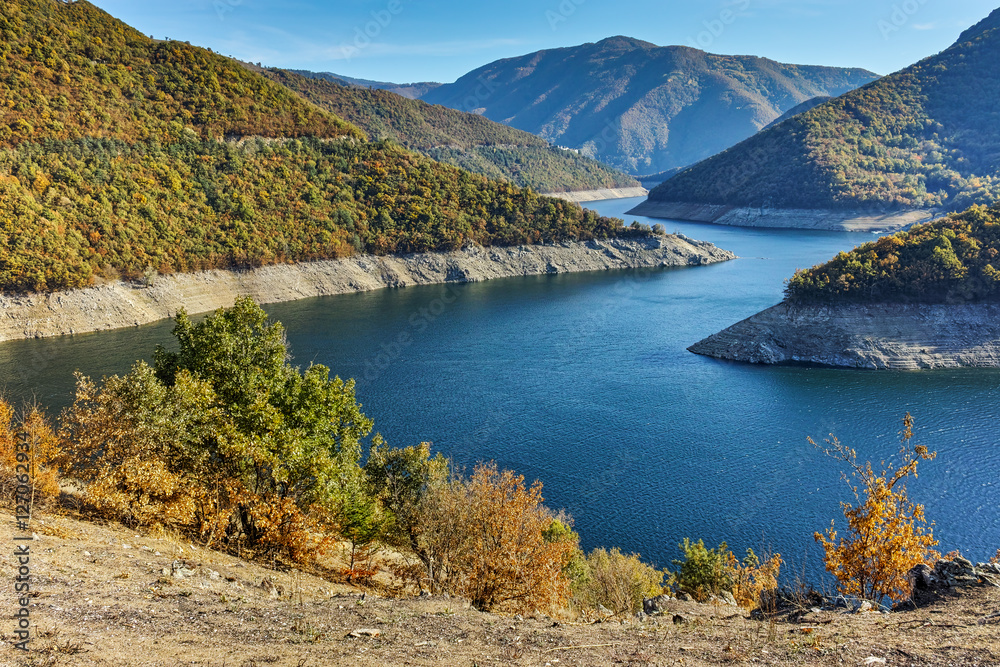 Autumn landscape of Meander of Vacha (Antonivanovtsy) Reservoir, Rhodopes Mountain, Bulgaria