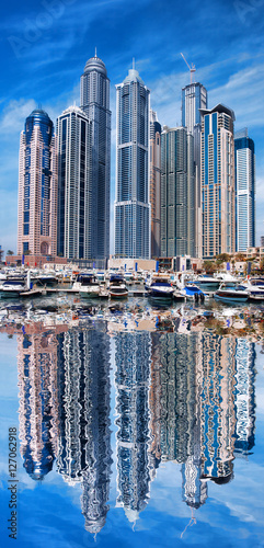 Dubai Marina with boats in Dubai, United Arab Emirates, Middle East