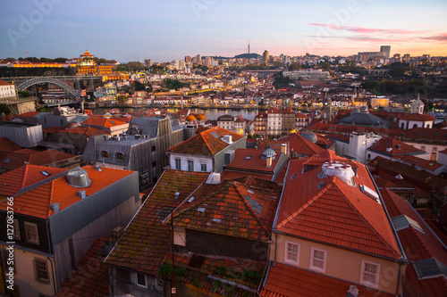Bird's eye view of the Old Porto and the Douro river during a marvelous sunset. Portugal.