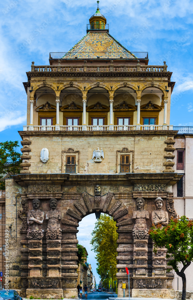Porta Nuova of Palermo, medieval gate to the historical town center in Sicily, Italy