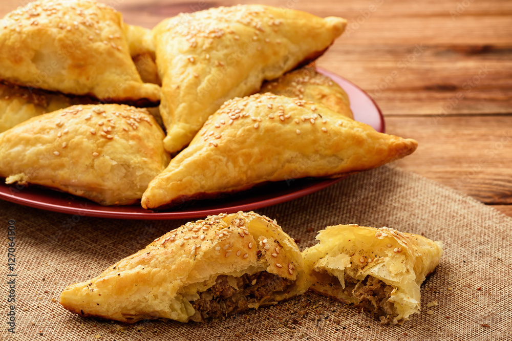 Puff pastries with meat (samosa) - traditional uzbek and indian pasrty. 