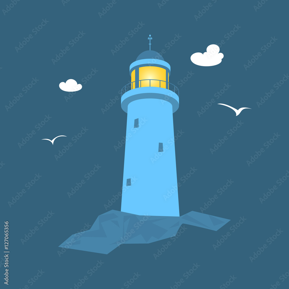 Beacon at Sea, Lighthouse Stands on Rocks, Vector Illustration