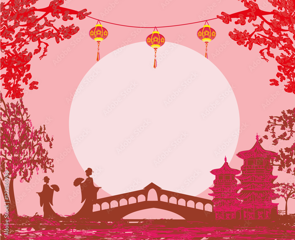 Fototapeta premium Geisha silhouette at sunset - frame