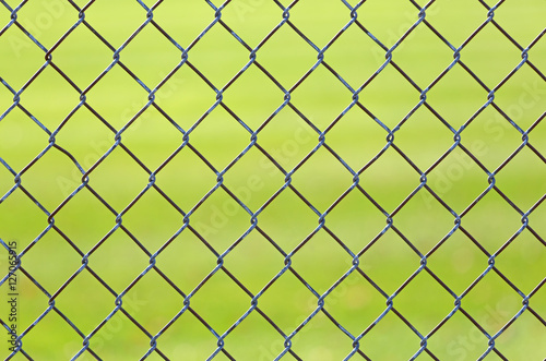 Chain link fence with green grass from a baseball field in background.