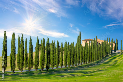 Sunny landscape background of Tuscany countryside