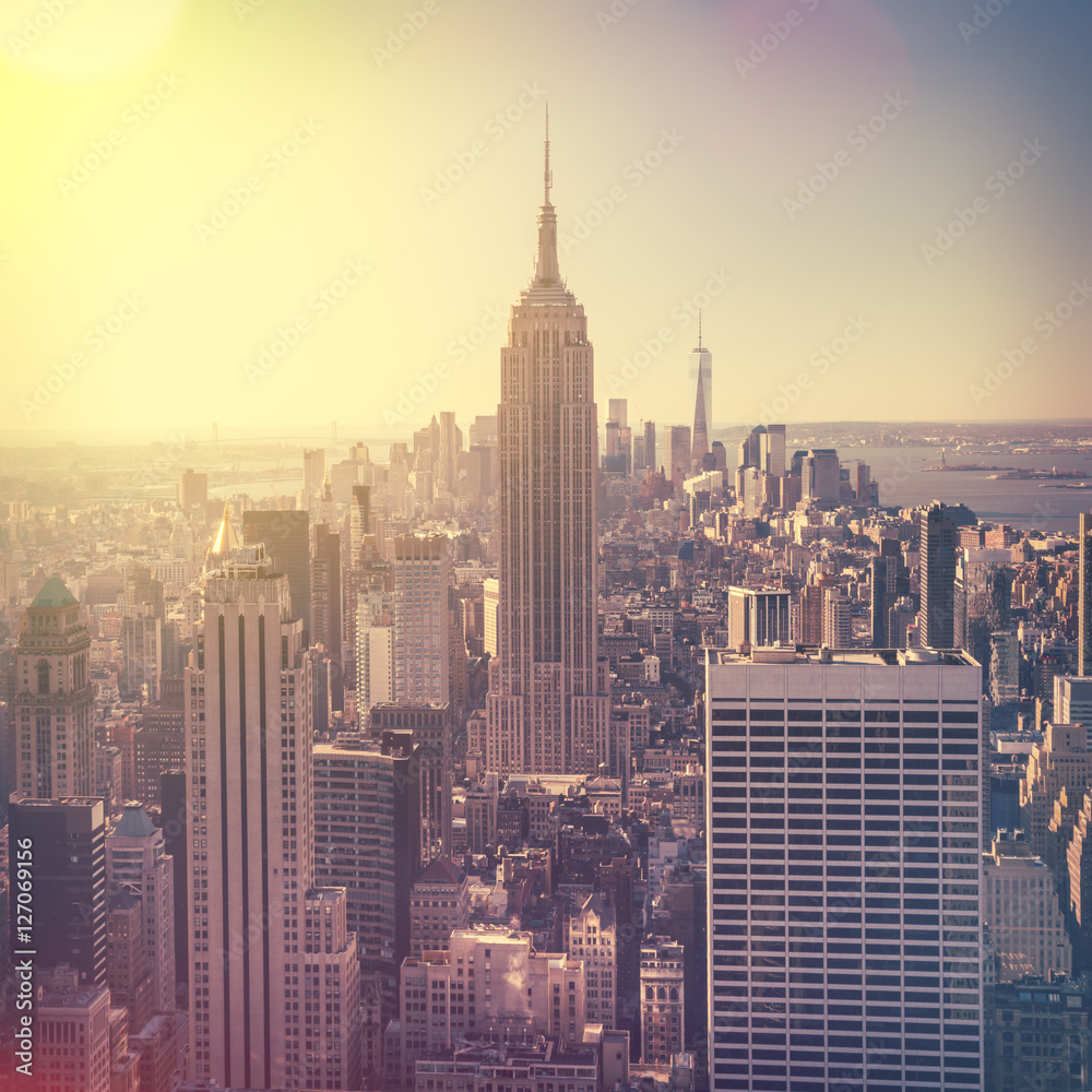 Aerial view of Manhattan skyline at sunrise, New York City, USA