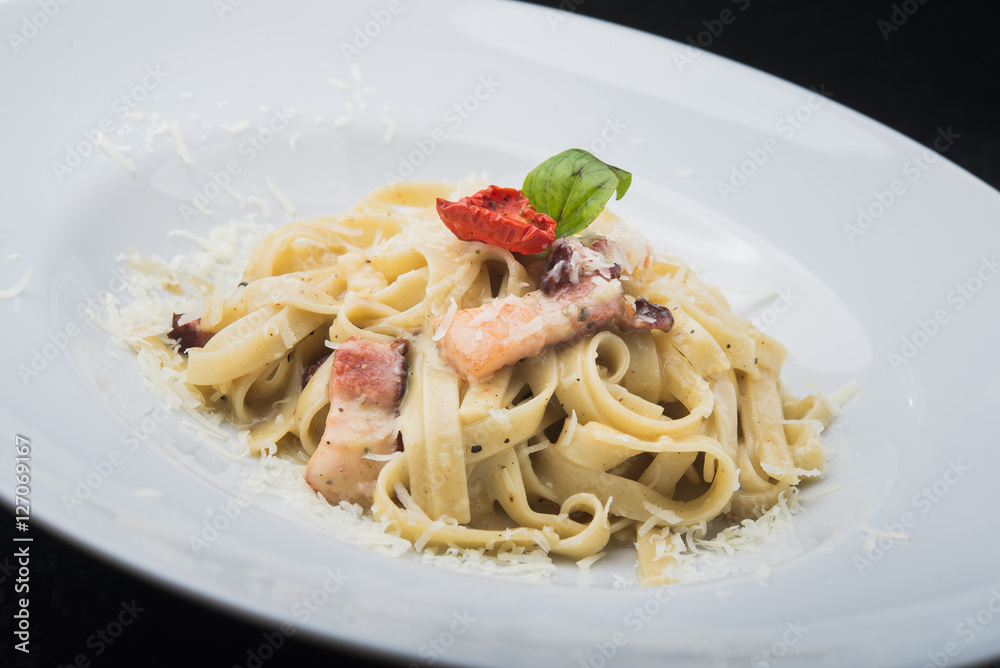 italian pasta with pieces of meat, tomato and cheese italian pasta with pieces of meat, tomato and cheese