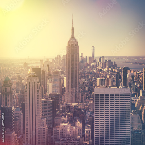 Aerial view of Manhattan skyline at sunrise, New York City, USA