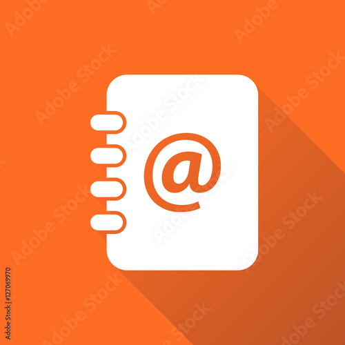 Address book icon with long shadow. Email note flat vector illustration on orange background.