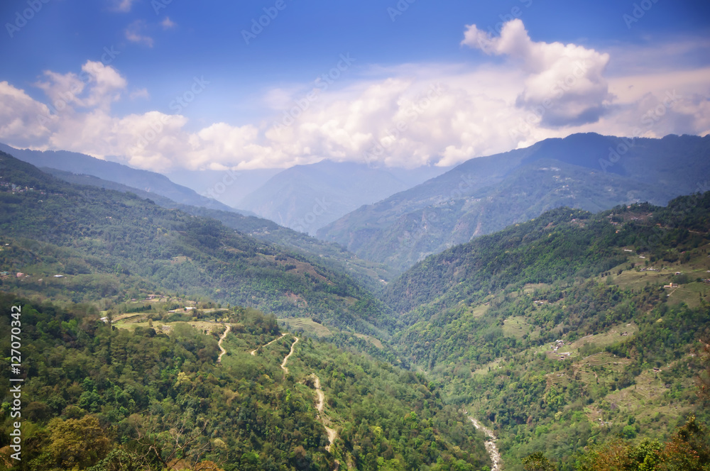 View of mountain and road in North Sikkim, India