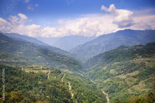 View of mountain and road in North Sikkim, India © smshoot